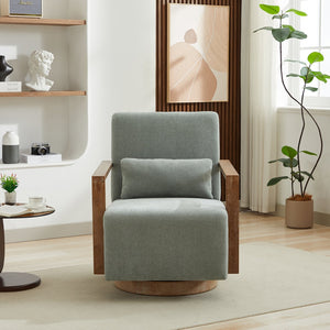 English Elm 30.3"W Swivel Modern Upholstered Accent Chair with Solid Wood Arms, Linen Blend, 360° Cozy Lounge Seat Pale Green W3188P362976