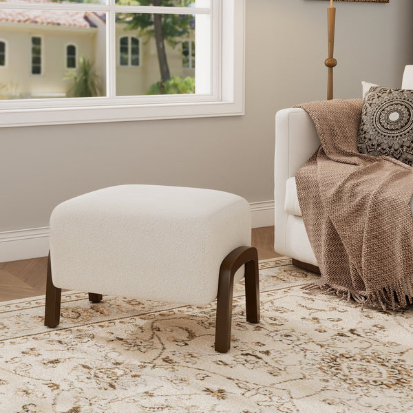 English Elm Christopher Knight Home® - Upholstered Ottoman With Wooden Legs In White Boucle - Modern, Versatile Accent For Any Room N757P303227W