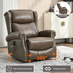 English Elm Heat Massage Swivel Rocker Recliner Genuine Leather Chair with Lumbar Relief W3224S00011