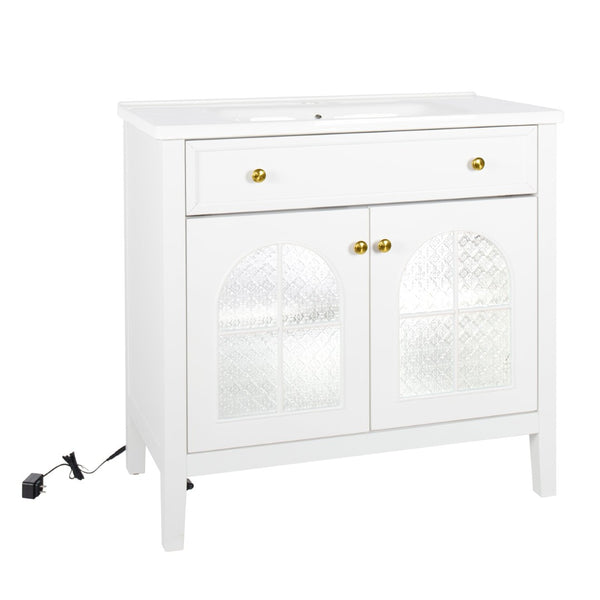 English Elm 35.6" Freestanding Bathroom Vanity with Roman Column Base and Ceramic Integrated Sink White W1801S00001
