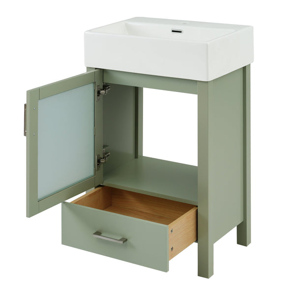 English Elm 20-Inch modern bathroom vanity with ceramic sink, soft-close door and ample storage for small spaces Green WF324691AAF