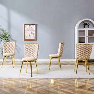 English Elm Set of 2 Velvet Dining Chairs with Braided Rope Backrests and Sculptural Metal Legs Beige W1512P491458