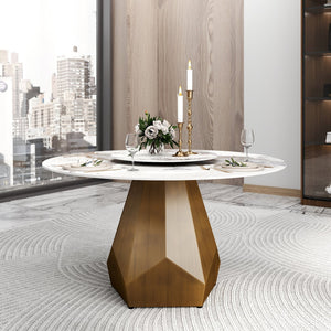 English Elm 53" Round Marble Dining Table With Metal Base - Elegant Design For 6, Includes 23.62" Turntable W1535S00454