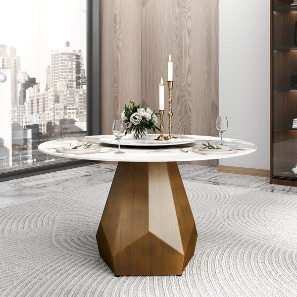 English Elm 53" Round Marble Dining Table With Metal Base - Elegant Design For 6, Includes 23.62" Turntable W1535S00454