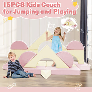 English Elm 14pcs Modular Foam Play Couch Set Convertible Toddler Fort Builder for Playrooms Pink+White T5880P493448