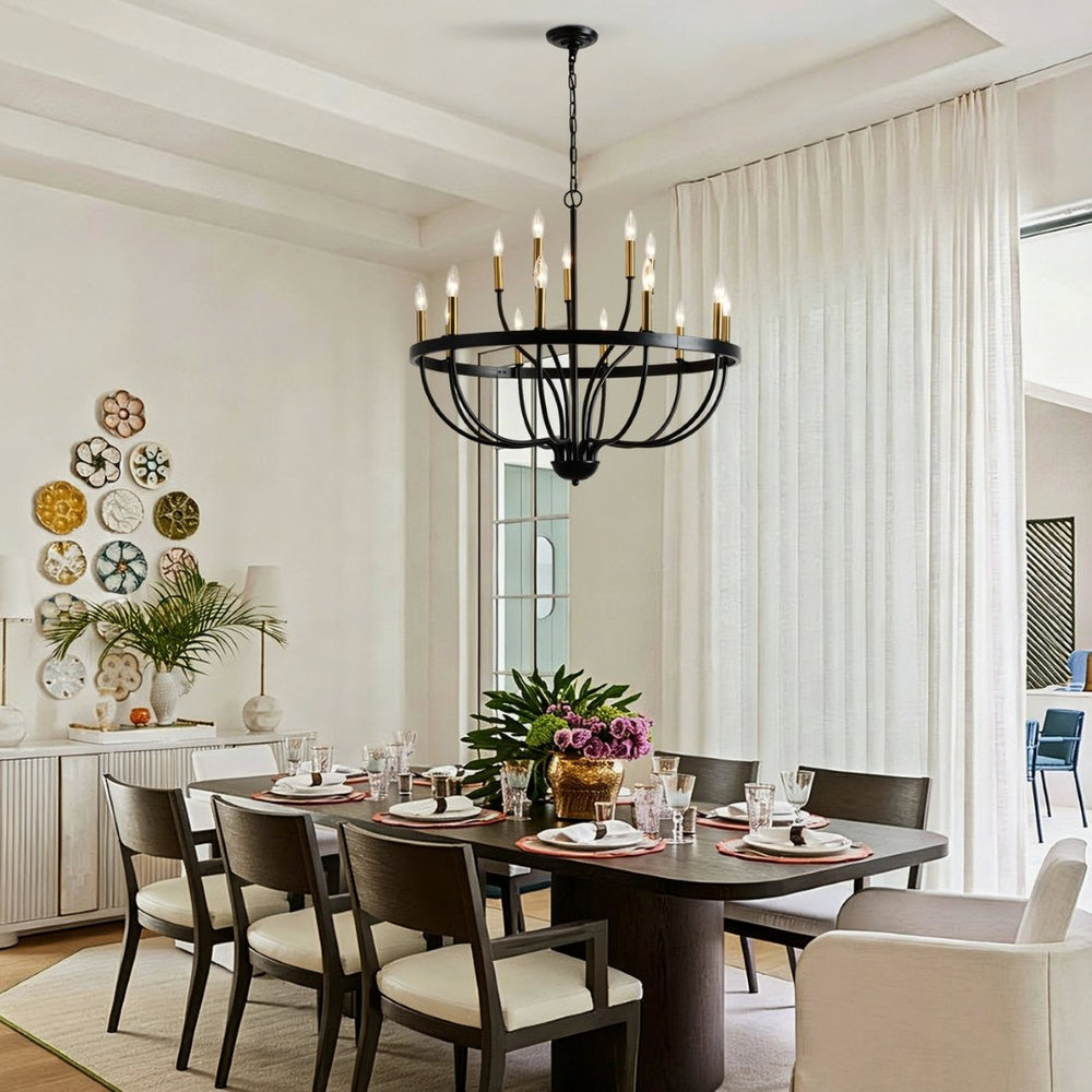 English Elm 15-light Industrial Farmhouse Chandelier Matte Black Iron Gold Candelabra Dining Foyer W5008P479818