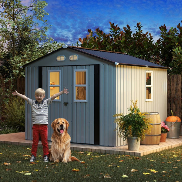 English Elm Outdoor Metal Storage Shed 8x8 Ft with Four Windows and Lockable Double Doors White W1598S00037