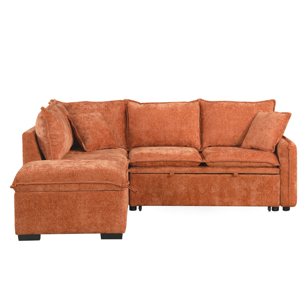 English Elm 82.67"Convertible Sofa Bed Sectional with Storage Ottoman, Power Sockets & USB Ports, Chenille Comfort Orange SG001450AAG