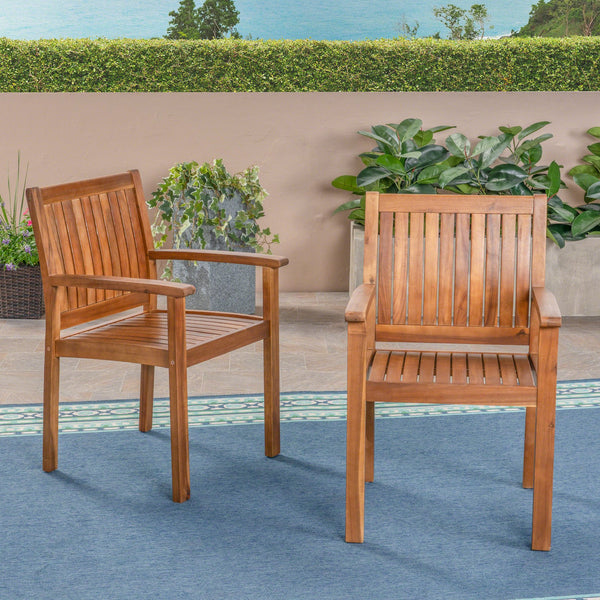 English Elm Christopher Knight Home® - WILSON Acacia Wood Dining Chairs Set of 2 in Teak – Rustic Slat-Back Outdoor/Indoor Seating, Durable Finish 61717.00TEA