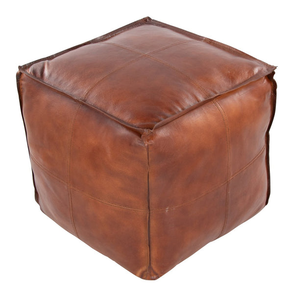 English Elm Cobbler Leather and Canvas Pouf Ottoman by LumiSource — Industrial Stitching, Recycled Cotton Fill, 20" Square Espresso B202P223720
