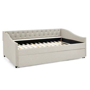 English Elm Full Size Upholstered Daybed with Trundle Usb Ports Tufted Back Wave Arms W1413S00158