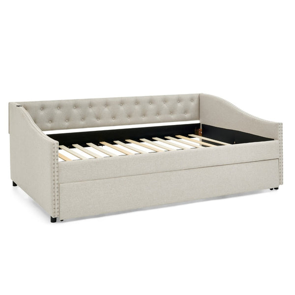 English Elm Full Size Upholstered Daybed with Trundle Usb Ports Tufted Back Wave Arms W1413S00158