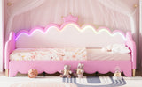 English Elm Twin Extending Daybed With Led Lights, Modern Upholstered Princess Daybed With Crown Headboard,Pink