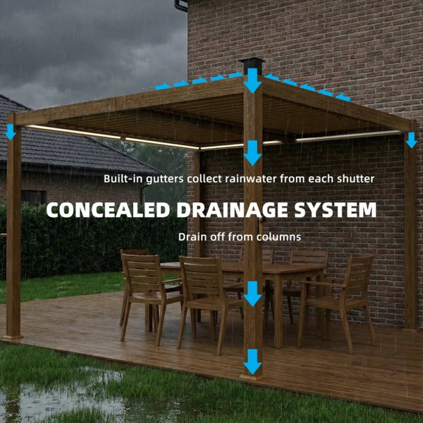 English Elm Outdoor Louvered Steel Pergola with Solar Led Lights and Adjustable Shade Roof T3971S00203