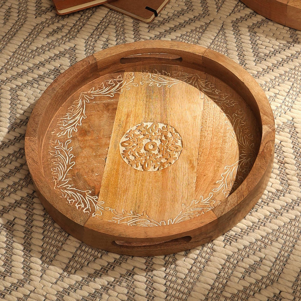 English Elm DECORATIVE Carved Round Wood Tray - Natural Finish, Intricate Handcrafted Design, Durable 19x19x4 B346P335649