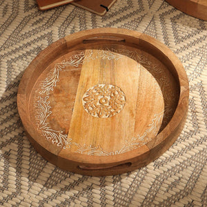 English Elm DECORATIVE Carved Round Wood Tray - Natural Finish, Intricate Handcrafted Design, Durable 19x19x4 B346P335649