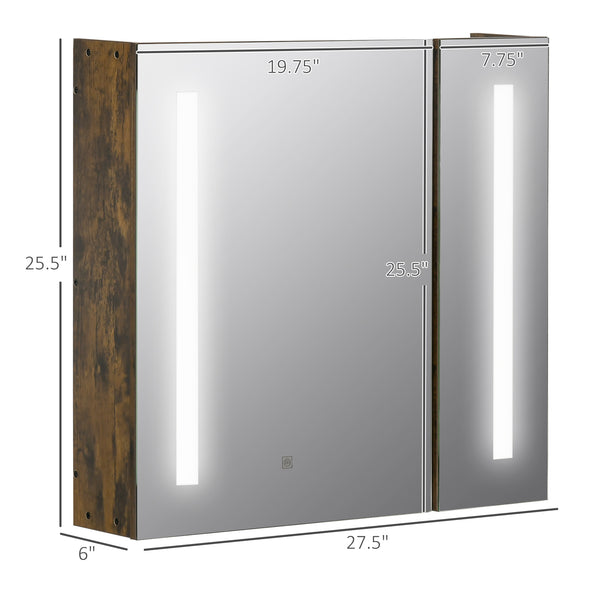 English Elm kleankin Rustic Brown Lighted Medicine Cabinet with Mirror, 27.5"x25.5" Dimmable LED, USB Charging, 3-Tier Storage, Smart Touch W2225P229718