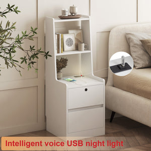 English Elm Nightstand Smart Storage Cabinet with Charging Station, Voice-Control LED Night Light, 6 Colors, White W1321120064