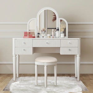 English Elm AGODY Mirrored Vanity with LED Light and Solid Rubber Wood Frame, Skin-Friendly PU Seat for Bedroom Antique White W2170P208420