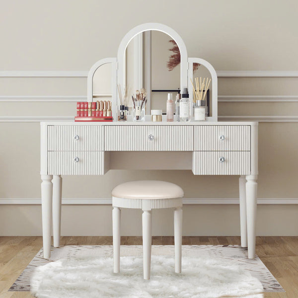 English Elm AGODY Mirrored Vanity with LED Light and Solid Rubber Wood Frame, Skin-Friendly PU Seat for Bedroom Antique White W2170P208420