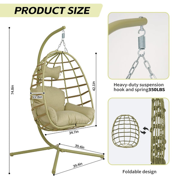 English Elm Egg Hanging Chair with Stand Pe Rattan Swing Seat Washable Cushion Patio Bedroom T5880P497435