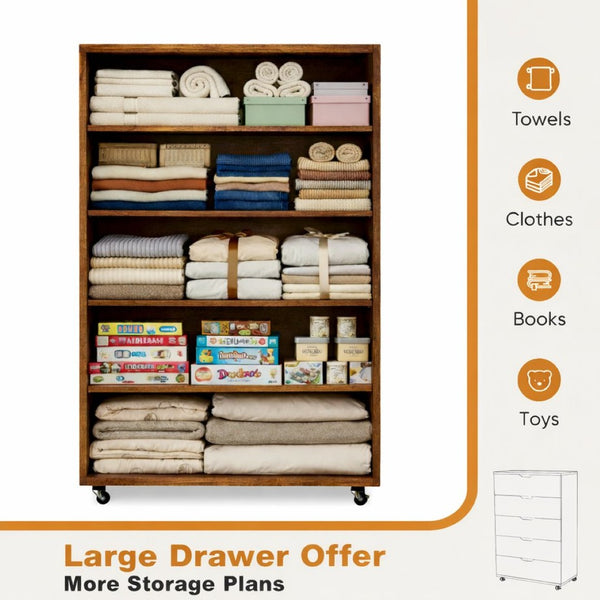 English Elm 5 Drawer Rolling Chest Distressed Finish Mobile Bedroom Storage Cabinet on Caster Wheels Rustic Brown B372P444032