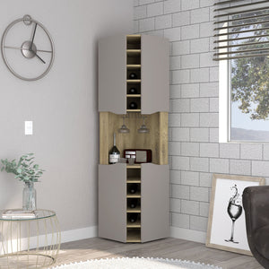 English Elm Corner Bar Cabinet with Ten Built-In Wine Slots, Cup Rack & Spacious Top Shelf for Entertaining Multicolor 48 L x 21 W x 3 H B097S00131