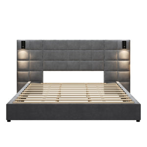 English Elm King Velvet Platform Bed Wide Padded Headboard Integrated Sconces and Usb Charging N757K200132G-1