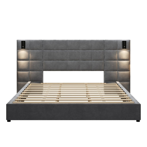 English Elm King Velvet Platform Bed Wide Padded Headboard Integrated Sconces and Usb Charging N757K200132G-1