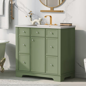 English Elm 36" Bathroom Vanity With Sink, One Cabinet With Three Drawers and One Flip Drawer, Solid Wood and Mdf Board, Green