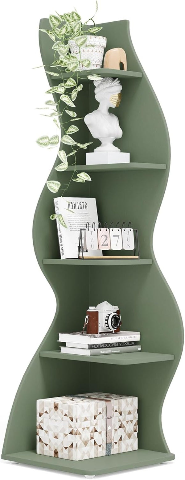 English Elm 5-tier Corner Shelving Unit Tall Engineered Wood Open Rack for Bedroom or Office Sage Green T3971P418284