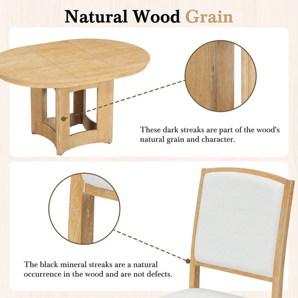 English Elm TOPMAX Solid Wood Extendable Round Dining Set for Small Spaces with 16" Removable Leaf and Cushioned Chairs Natural+Beige SP000091AAN