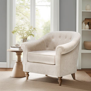 English Elm Tufted Martha Stewart Fayette Accent Chair — Rolled Arms, Button Tufting, Reclaimed Wood Legs, Removable Cushion, Durable Comfort B035129474