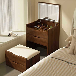English Elm (48cm)(Walnut) 3-in-1 Vanity Desk with Lighted Flip Mirror, Glass Top, 3 Drawers & Stool, Compact Elegance W2641P305275