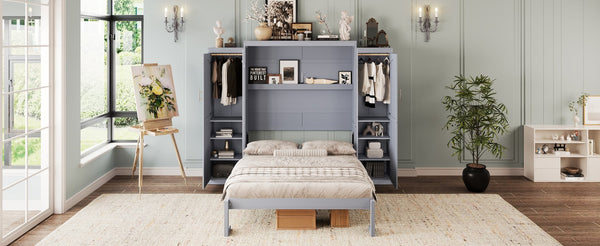 English Elm Full Full Size Murphy Bed with Two Wardrobes and Foldable Platform, Space-Saving Modern Guest Solution Gray 84.9 L x 12 W x 7 H N733S235596E