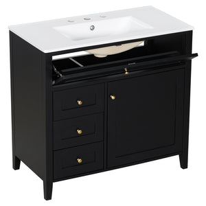 English Elm 36-Inch Black Bathroom Vanity With Sink – Modern Design, 3 Drawers, Adjustable Shelf For Storage N725P350821B
