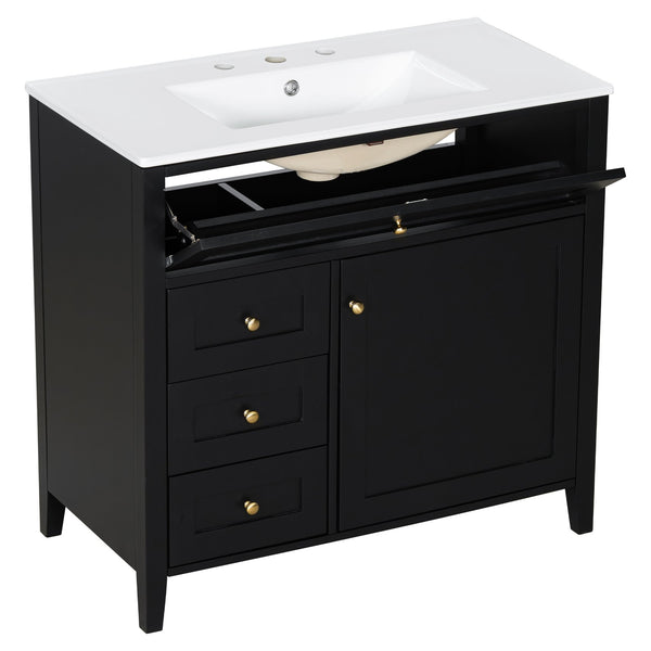 English Elm 36-Inch Black Bathroom Vanity With Sink – Modern Design, 3 Drawers, Adjustable Shelf For Storage N725P350821B