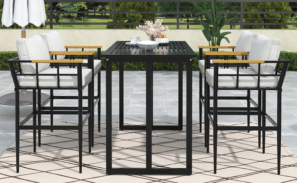English Elm U_Style Iron Outdoor Dining Set with Acacia Wood Armrests, 5-Piece Patio Set with Cushioned Seats and 400 lb Capacity Beige WY000445AAA