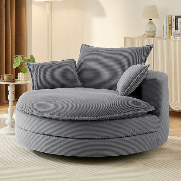English Elm 360° Oversized Swivel Lounge Chair with 38" Deep Seat Dual-Layer Cushion Corduroy Accent Pillows Grey N719S002100E