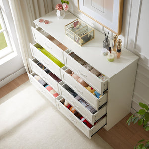 English Elm Modern Elegant Chest of Drawers with Antique Gold Knobs, 8-Drawer Durable Clothes Organizer, Waterproof Finish White W1668P182257