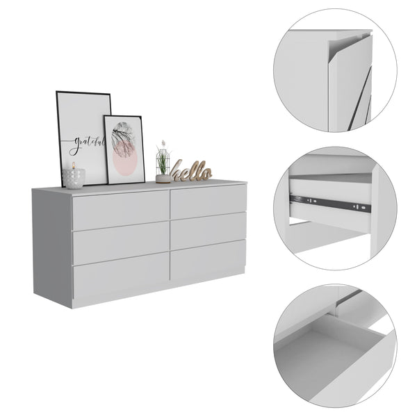 English Elm Seul Six Drawer Double Dresser Superior Top — 60.4" Wide Spacious Surface, Smooth All-Metal Rails, Sleek Design White 36 L x 24 W x 6 H B128S00116