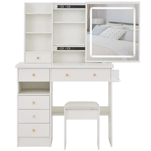 English Elm 37" Vanity Table Set with Led Mirror Stool Built-in Outlets and Hair Dryer Storage White W3258P448842