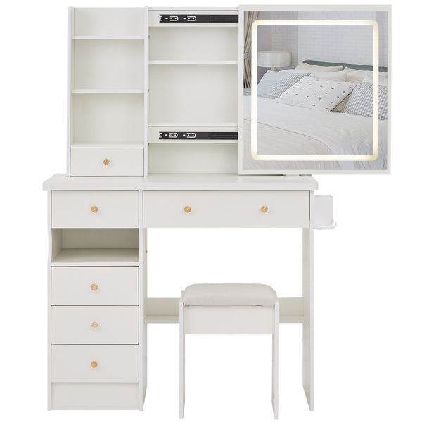 English Elm 37" Vanity Table Set with Led Mirror Stool Built-in Outlets and Hair Dryer Storage White W3258P448842