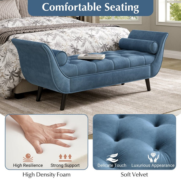English Elm Upholstered Velvet Tufted Bench with Bolster Pillows Solid Oak Legs Bedroom Entryway Blue N761P304407C