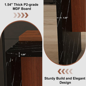 English Elm 63-Inch Modern Kitchen Island Set With 2 Bar Stools - Black Marble Surface, Led Light & Grill Design W2699S00063