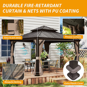 English Elm 12' X 12' Hardtop Gazebo with Drainage System, Dual-Layer Galvanized Roof, Curtains & Mosquito Netting Brown W1859S00138