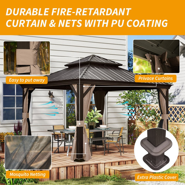 English Elm 12' X 12' Hardtop Gazebo with Drainage System, Dual-Layer Galvanized Roof, Curtains & Mosquito Netting Brown W1859S00138