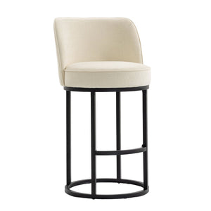 English Elm Counter Height Barstools Set of 2 Linen Upholstered Barrel Seat with Iron Legs Beige W395P410430