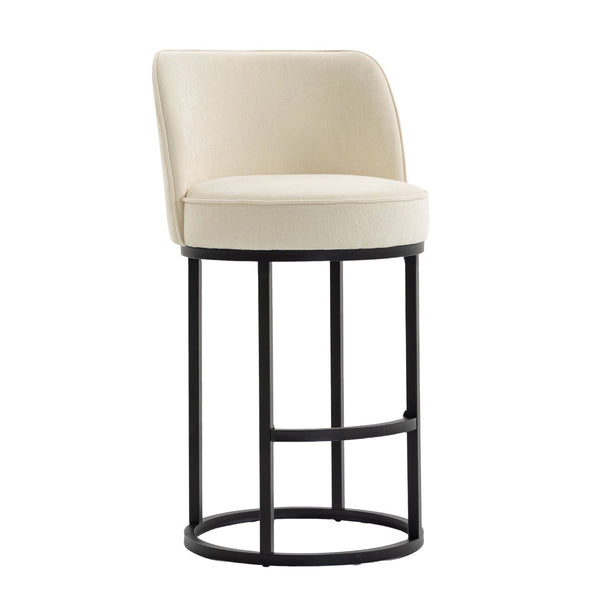 English Elm Counter Height Barstools Set of 2 Linen Upholstered Barrel Seat with Iron Legs Beige W395P410430