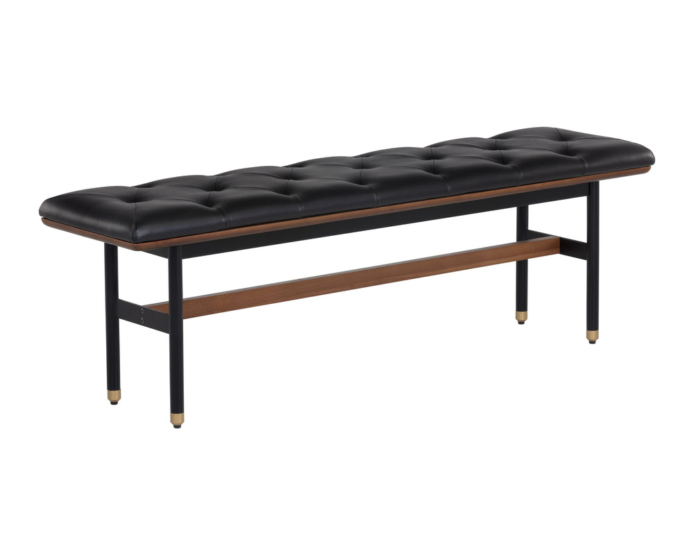 Sunpan Staten Bench - Mid-Century Modern Design with Button Tufting, Walnut Frame & Brass Accents, Black